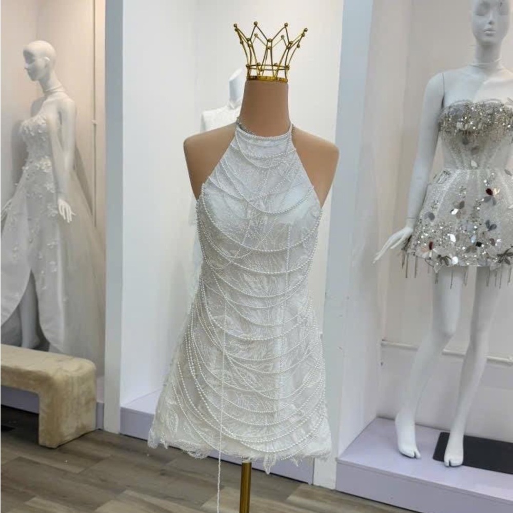 Elegant White Halter Dress with Pearl Beaded Design